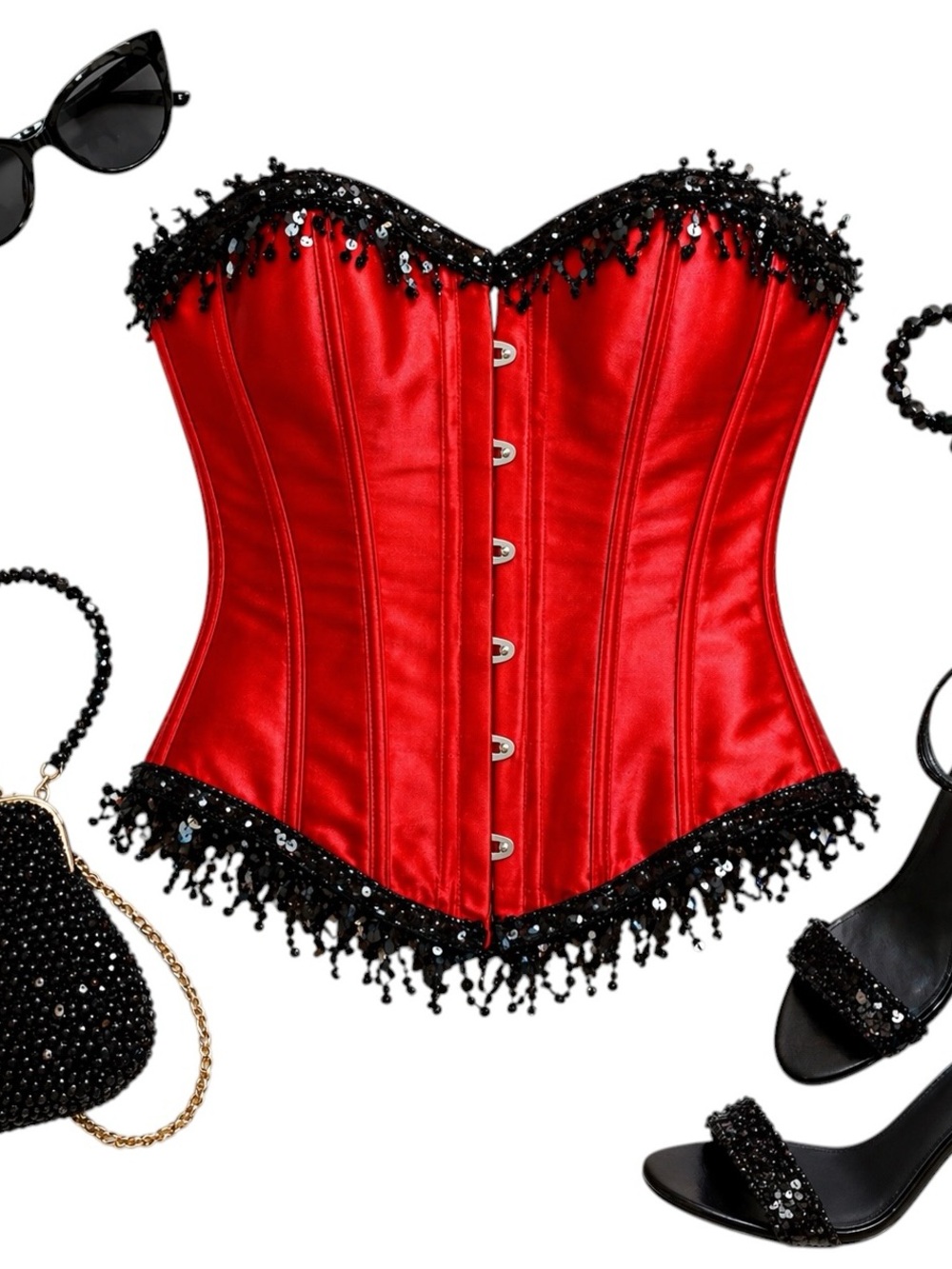 Red Satin Black Sequin Lace Up Corset Bustier Top Plus Size 3X Burlesque in EUC